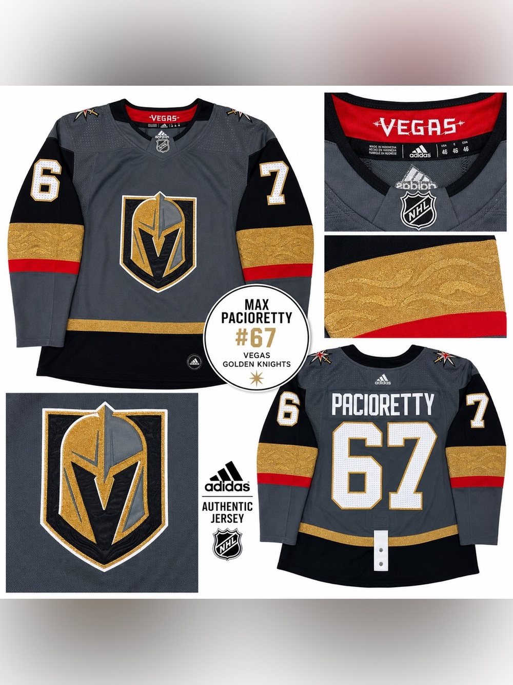 Adidas Vegas Golden Knights Max Pacioretty #67 NHL Jersey Gray Size 46 M
